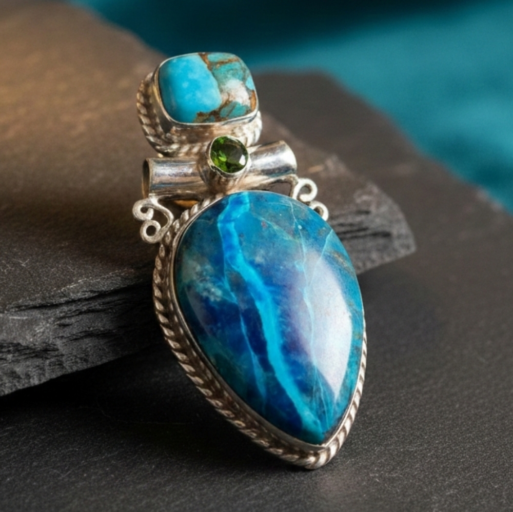 Chrysocolla, Turquoise & Green Gemstone Sterling Silver Pendant